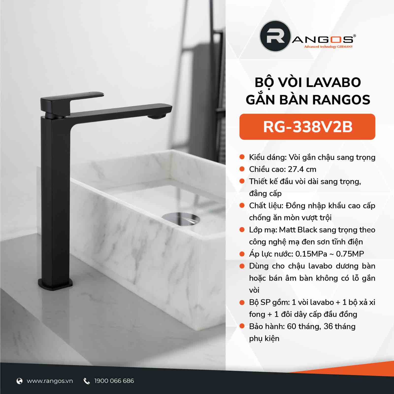 Bộ vòi lavabo gắn bàn Rangos RG-338V2B